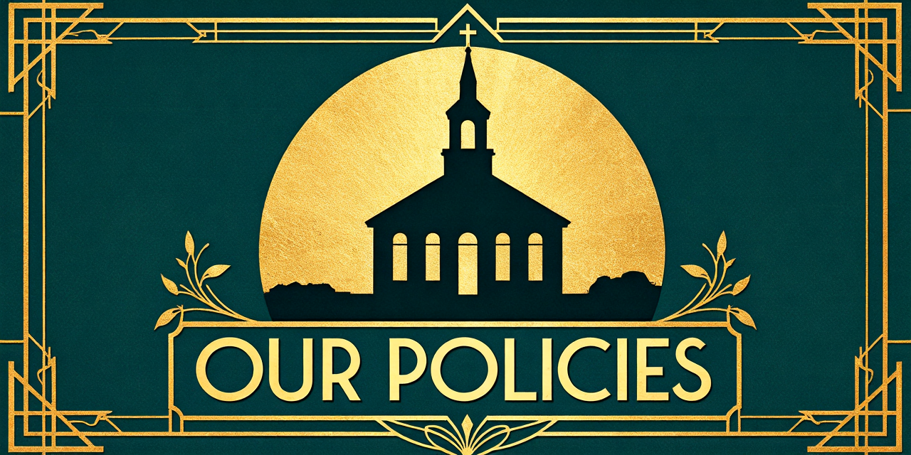 An art-deco style, green background. The silhouette of a church sits above the title “Our Policies”